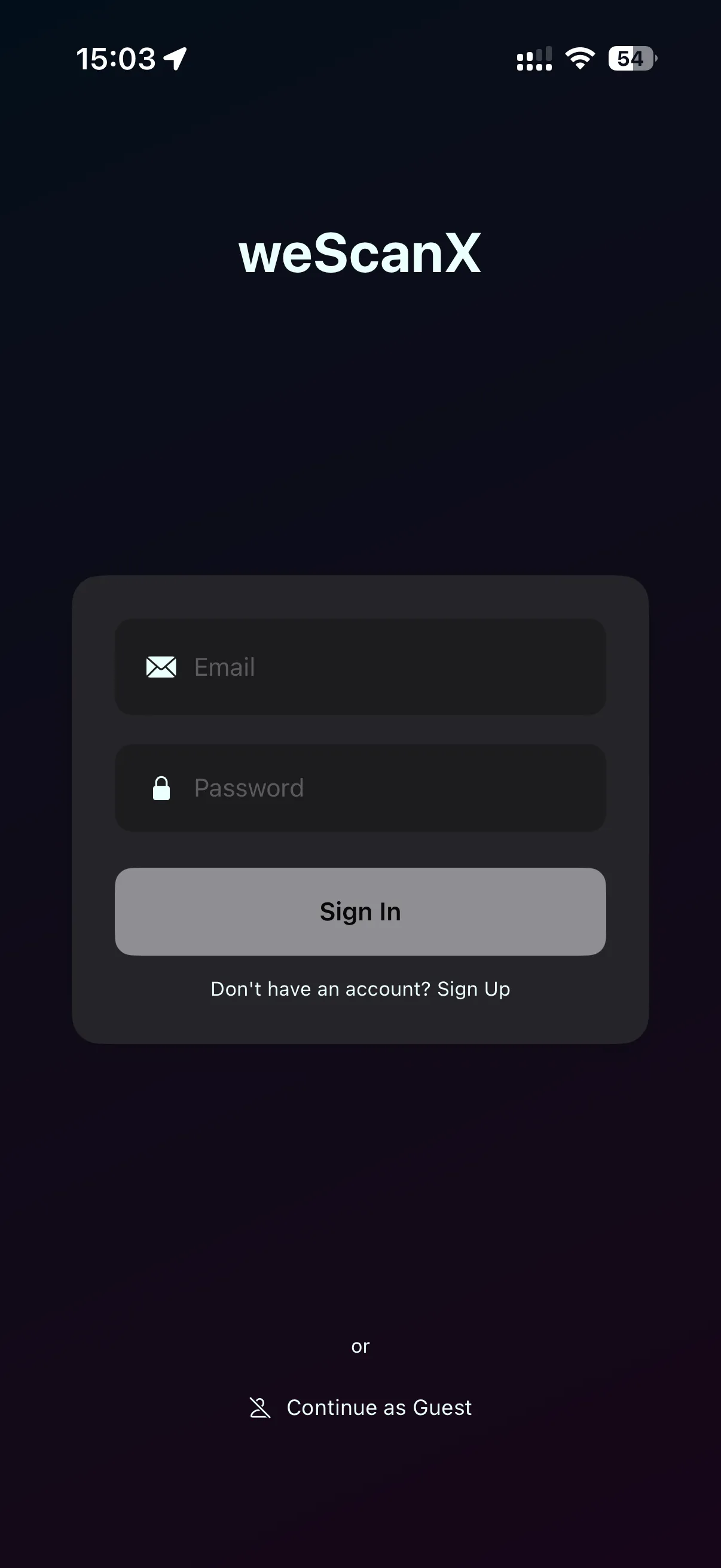 The weScanX sign-in screen