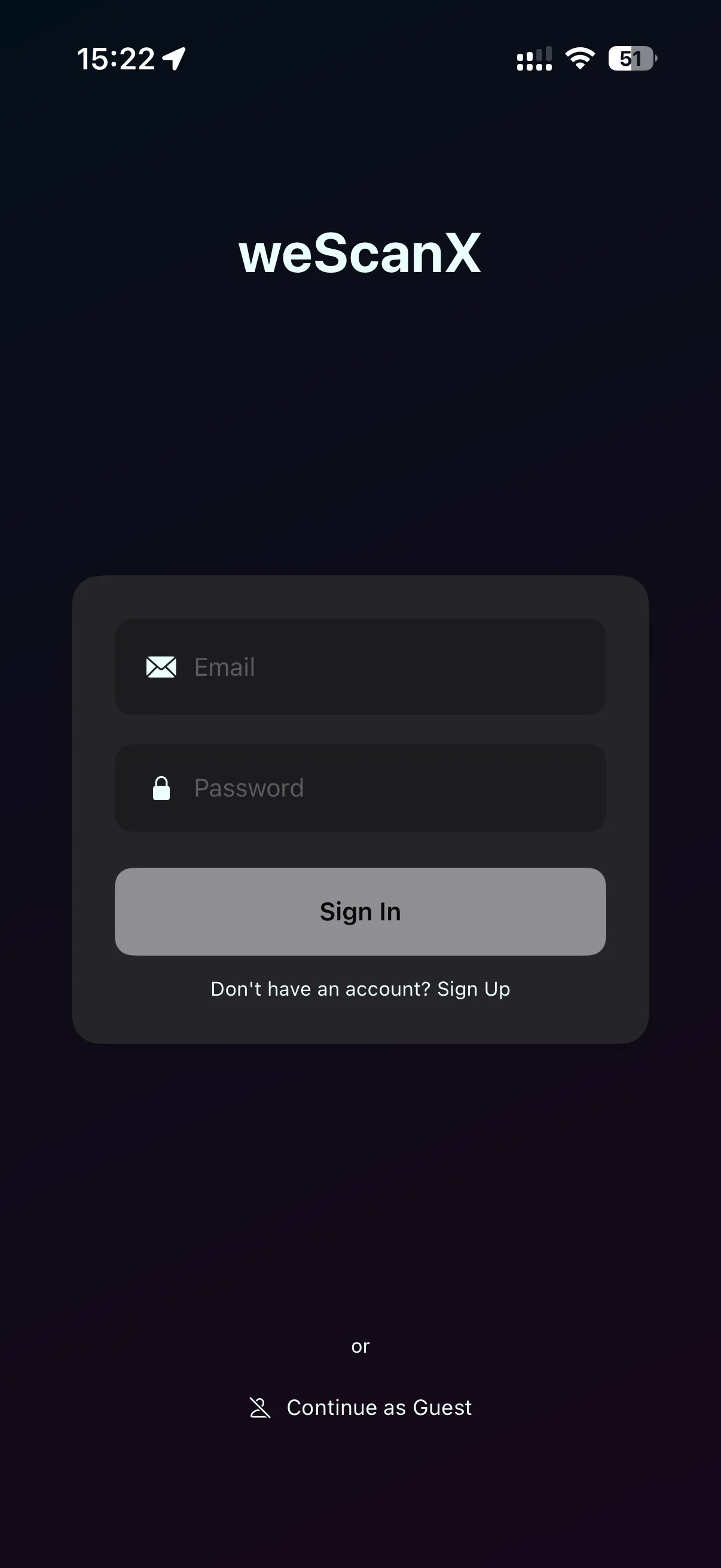 The weScanX sign-in screen