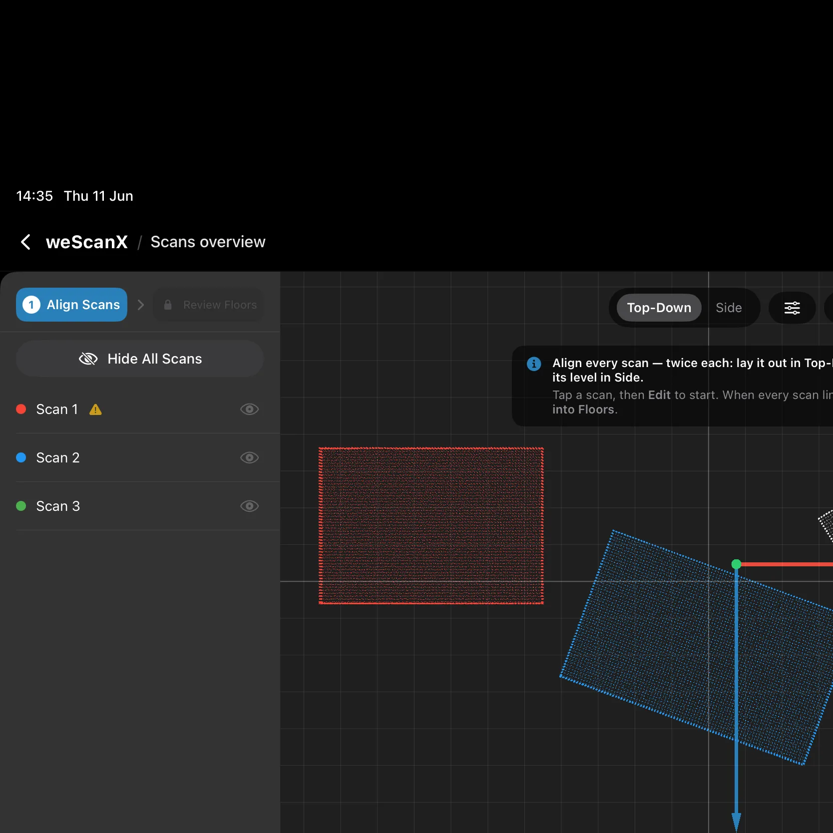 The alignment screen on iPad: scan sidebar on the left, misaligned rooms in the 3D view