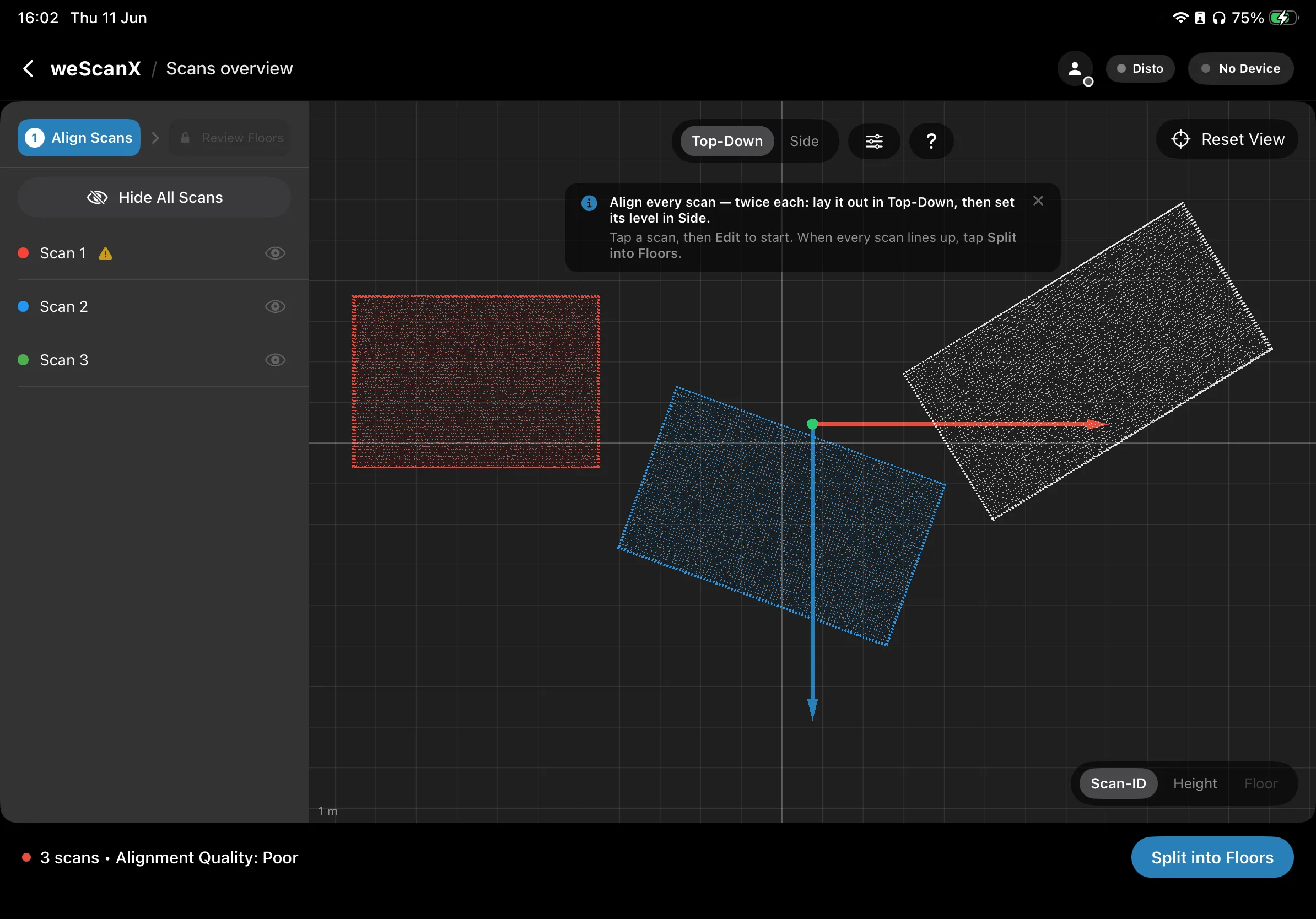 The alignment screen on iPad: scan sidebar on the left, misaligned rooms in the 3D view