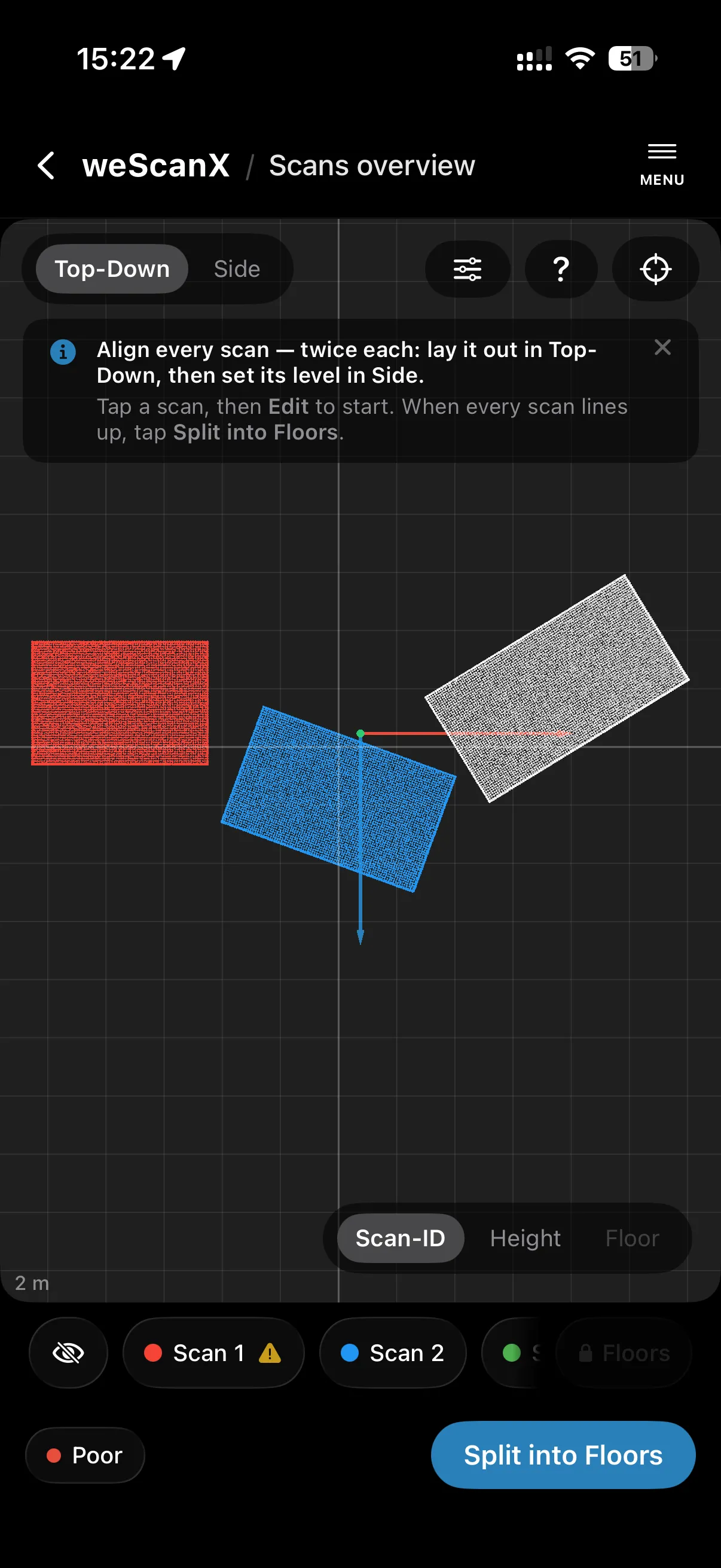 The alignment screen on iPhone: 3D view with the scan chip strip below