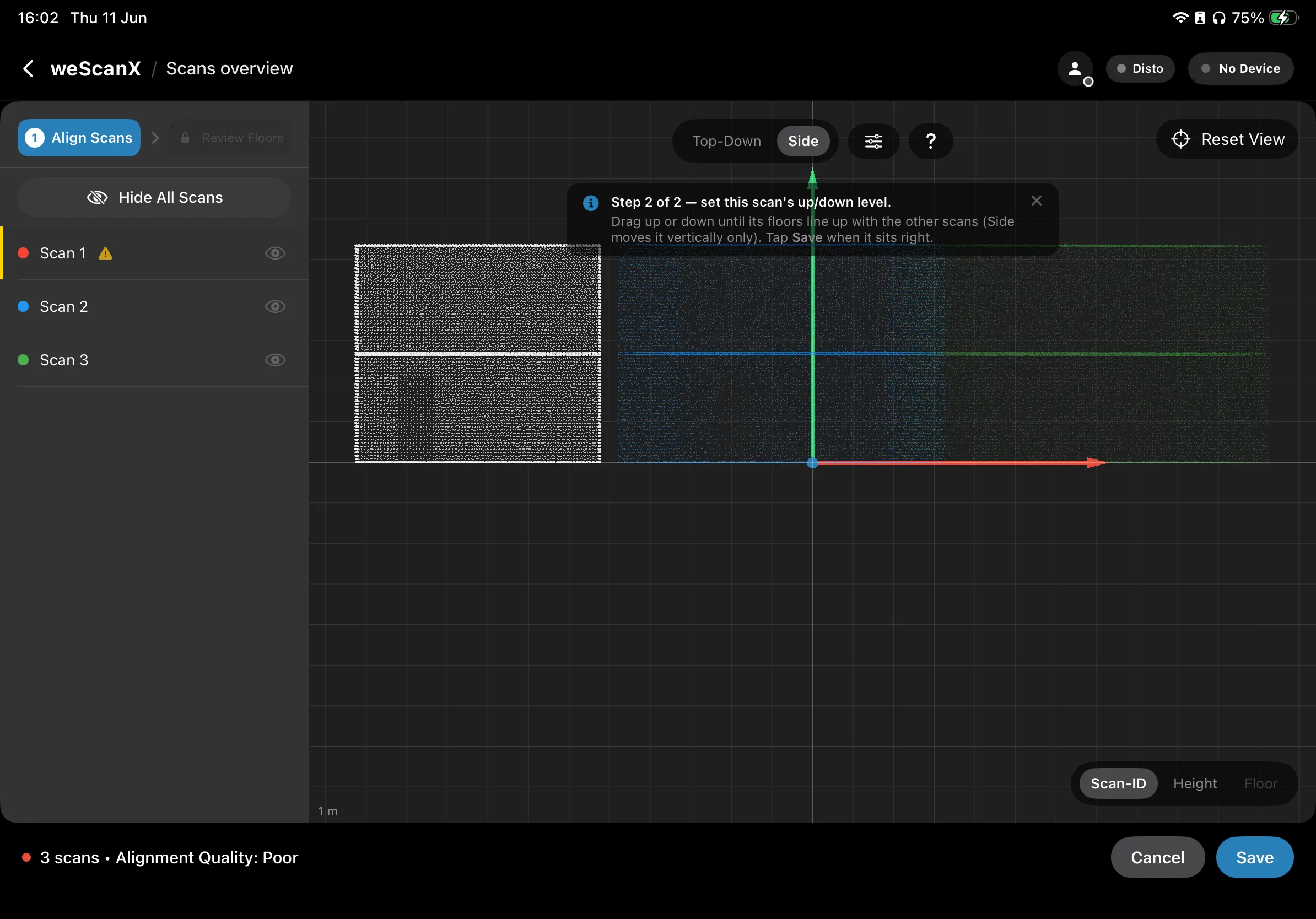 Step 2 — set the scan's up/down level in Side view