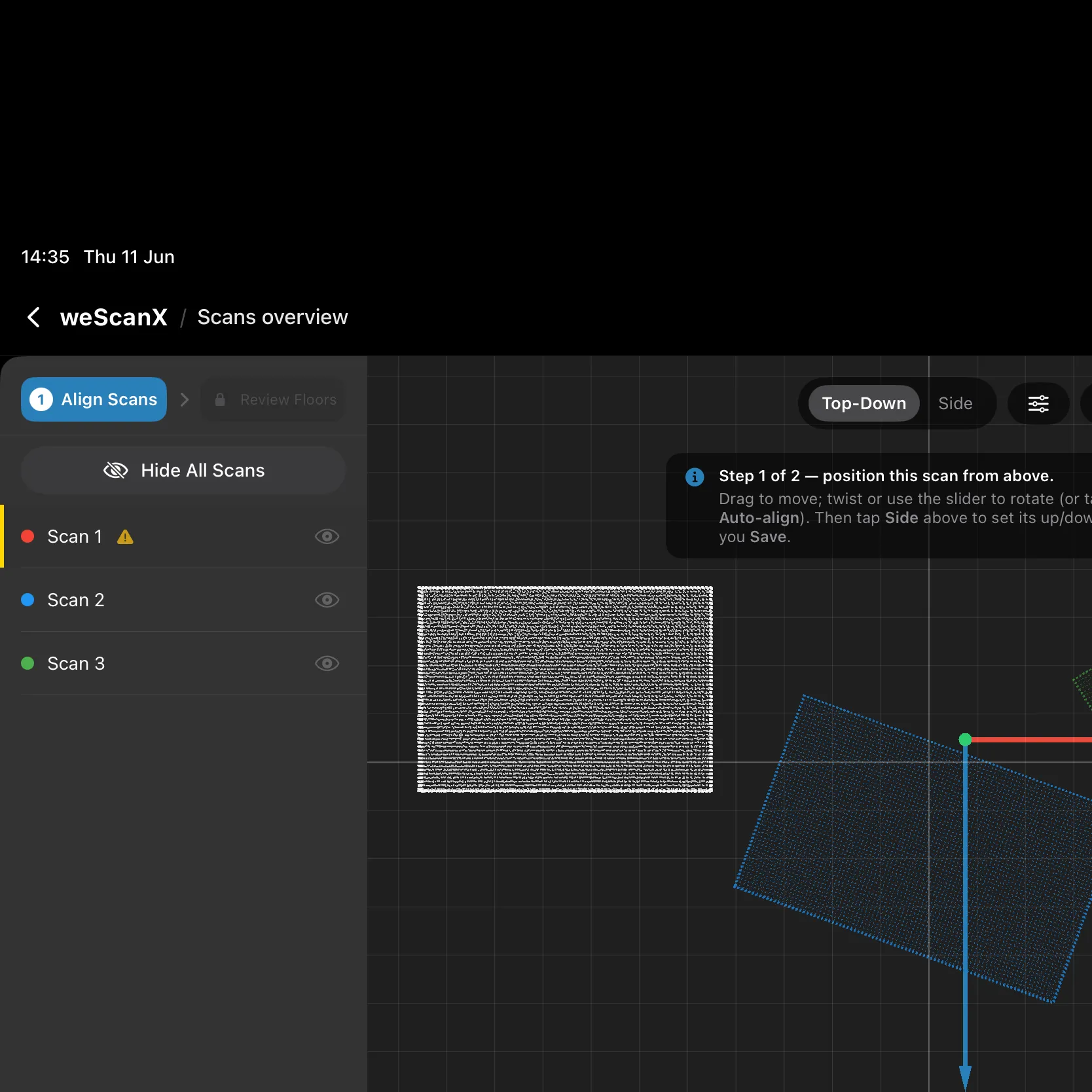 Editing a scan in Top-Down with the Step 1 of 2 hint and the rotation controls