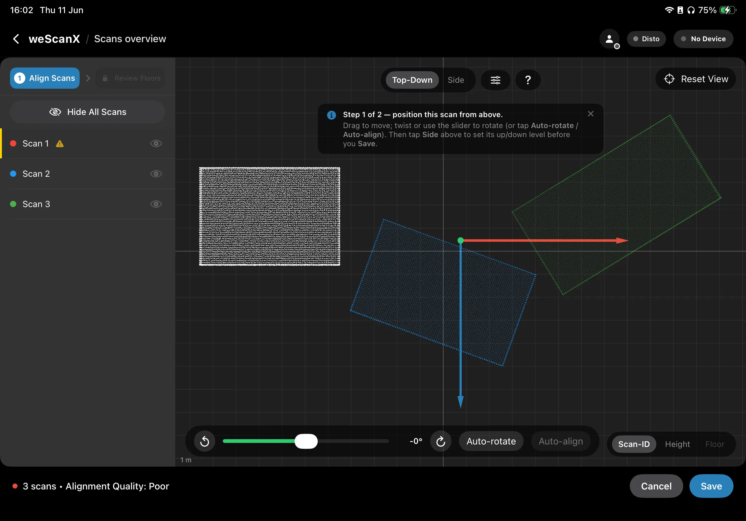 Step 1 — position the scan from above in Top-Down (rotation controls below)