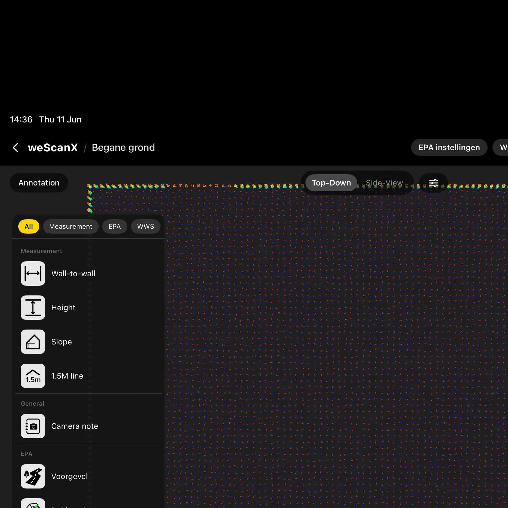 Annotation mode on a floor: the note-type picker with the Measurement, EPA and WWS tabs