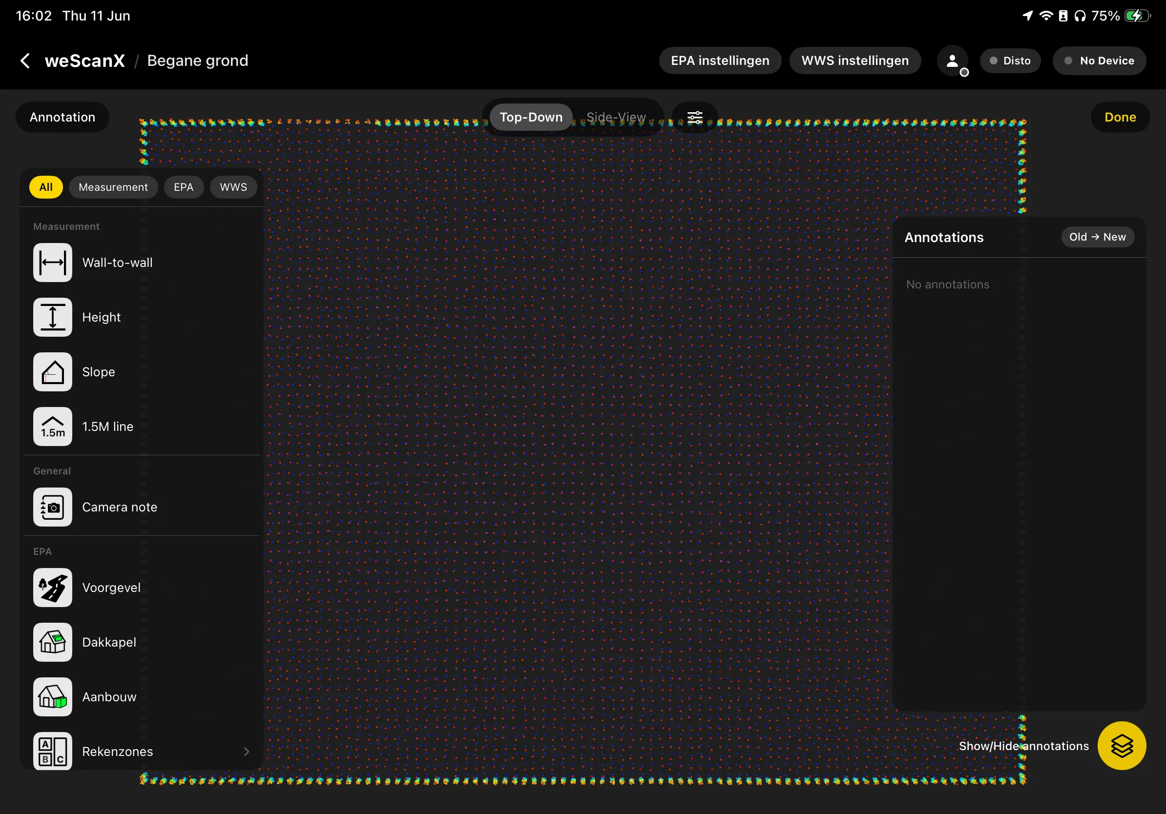 Annotation mode on a floor: the note-type picker with the Measurement, EPA and WWS tabs
