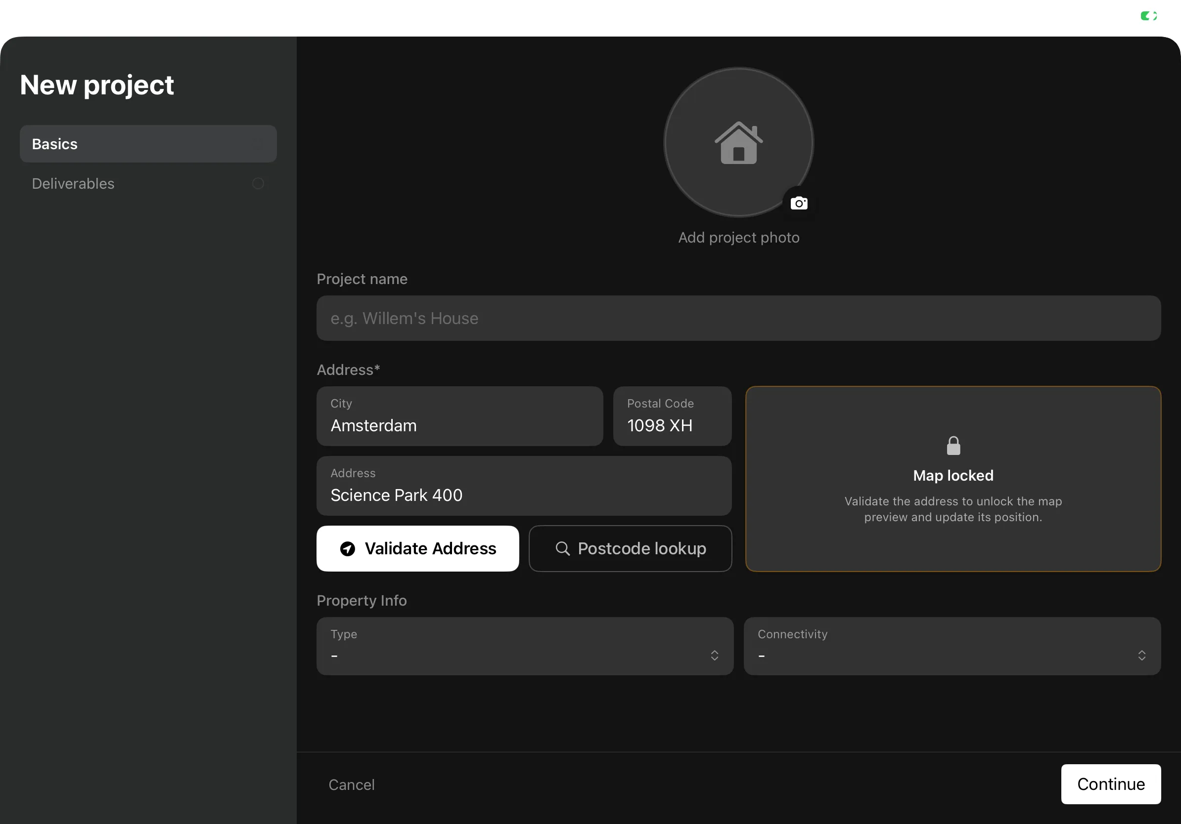 The New project wizard with the Basics and Deliverables steps