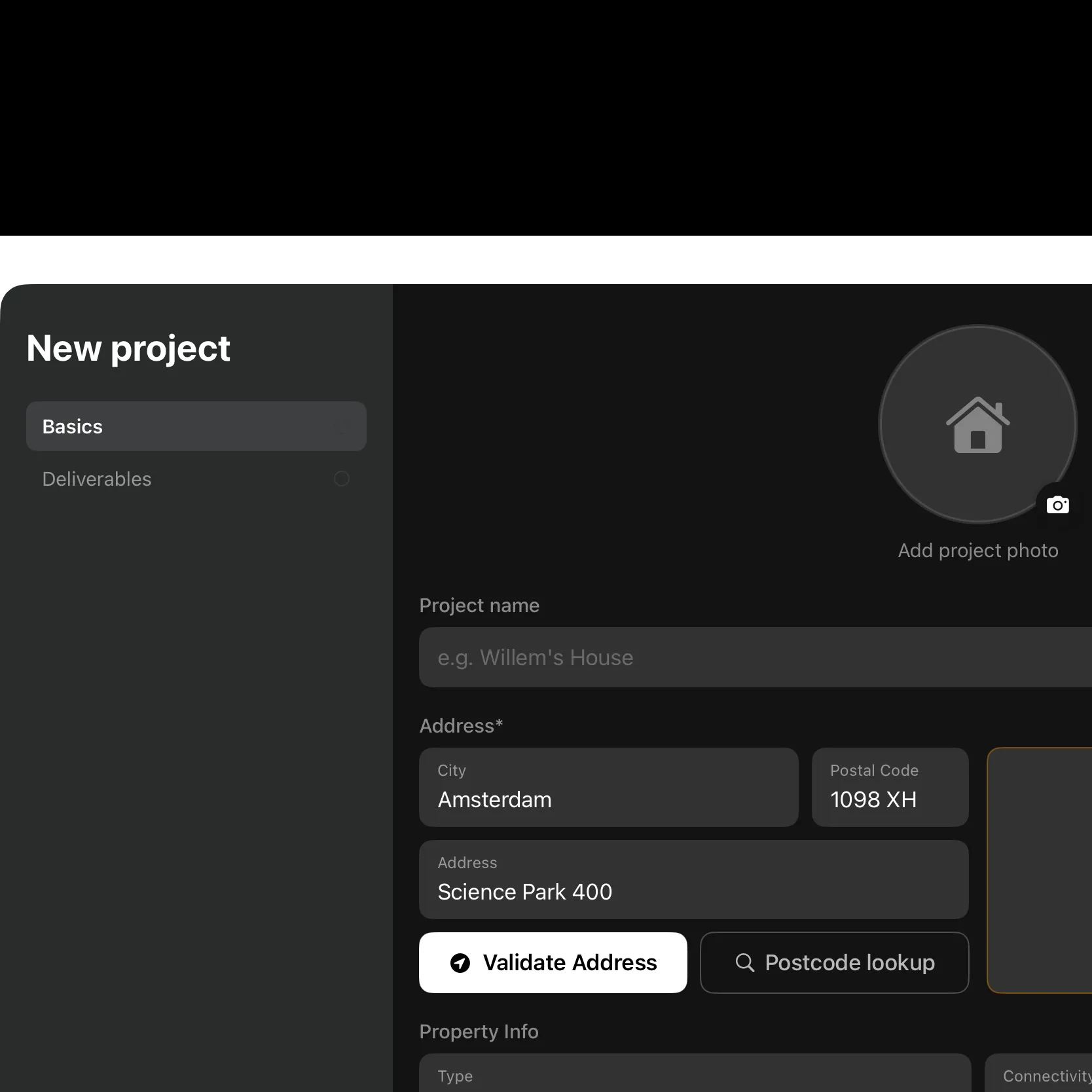 The New project wizard with the Basics and Deliverables steps