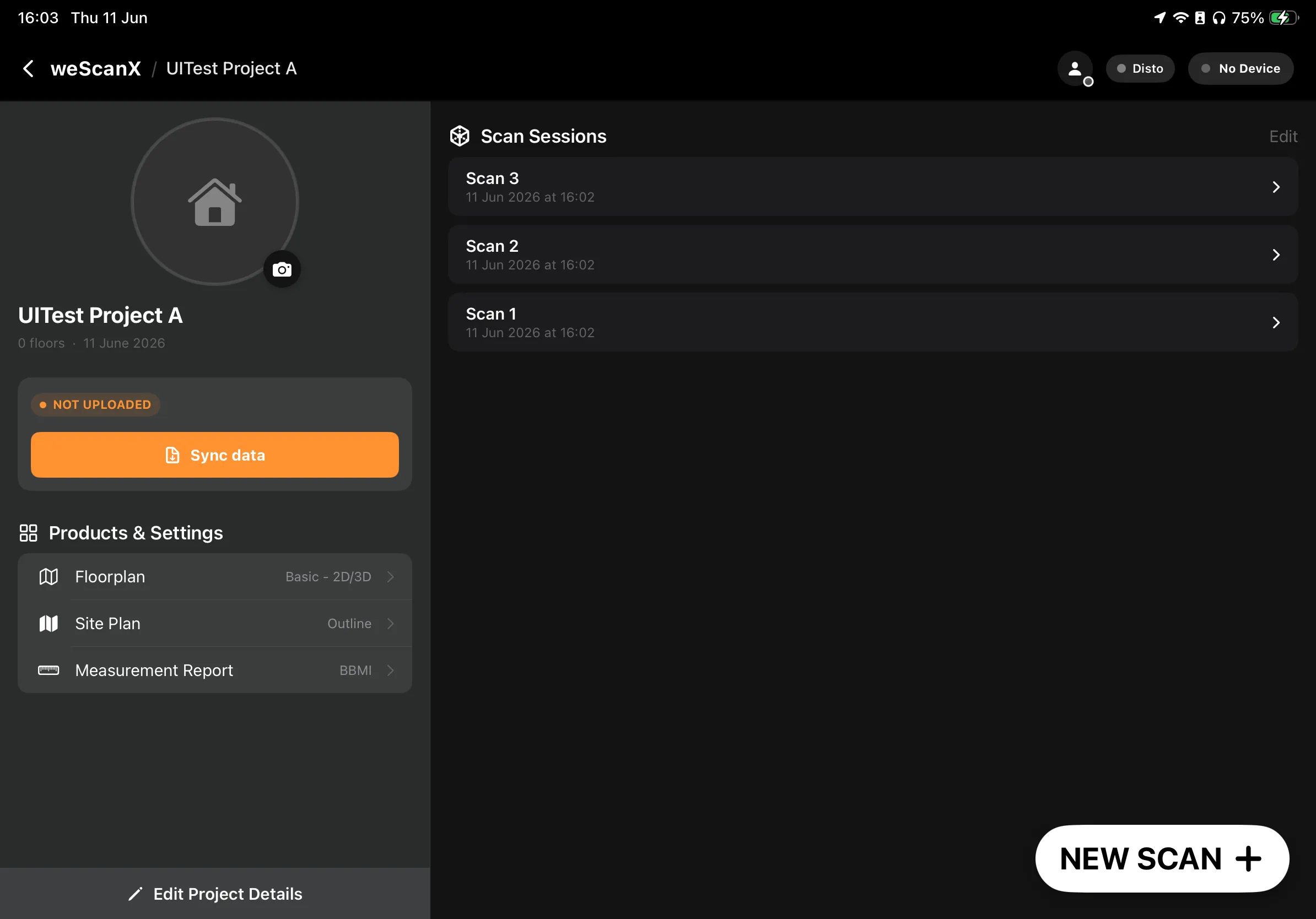 The project page on iPad with the scan list