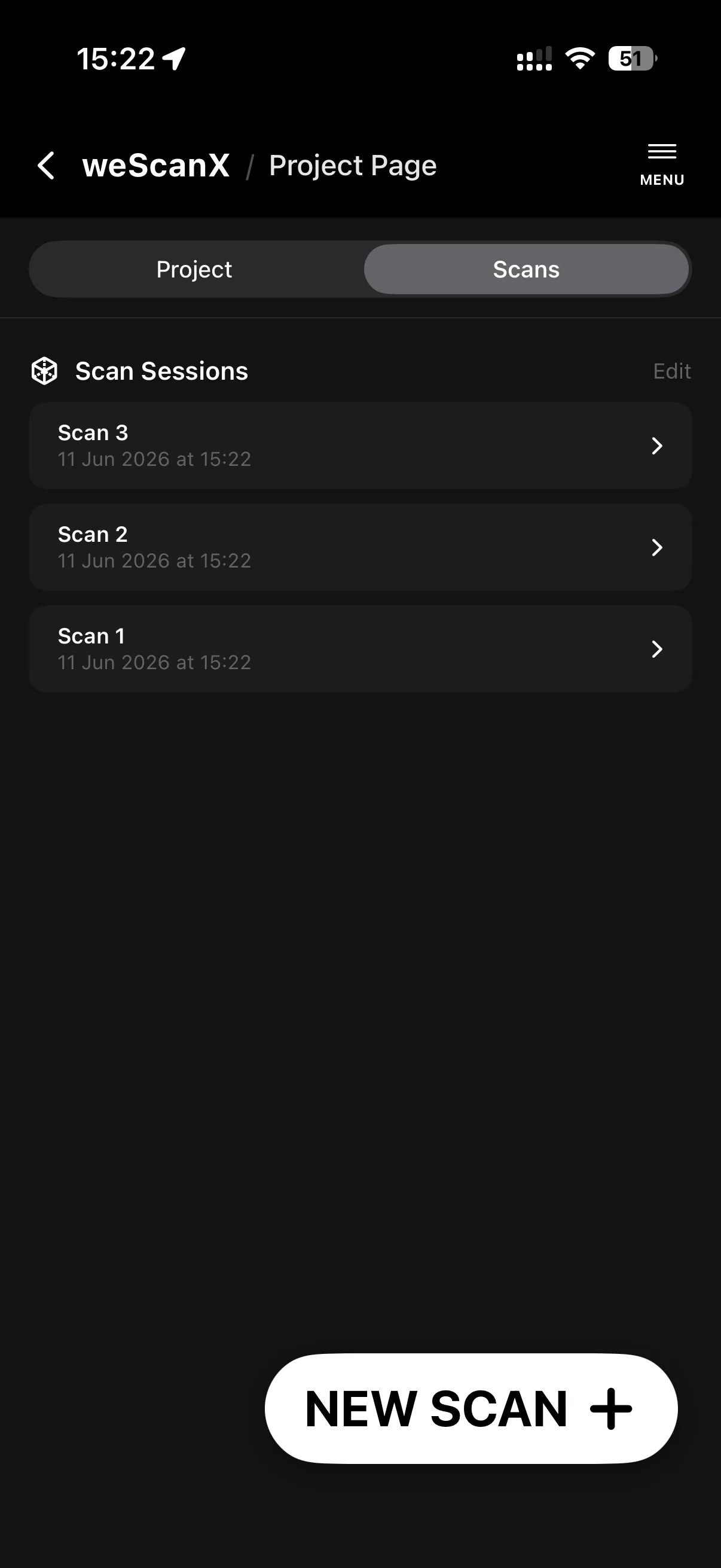 The project page on iPhone with the Project, Scans and Floors tabs