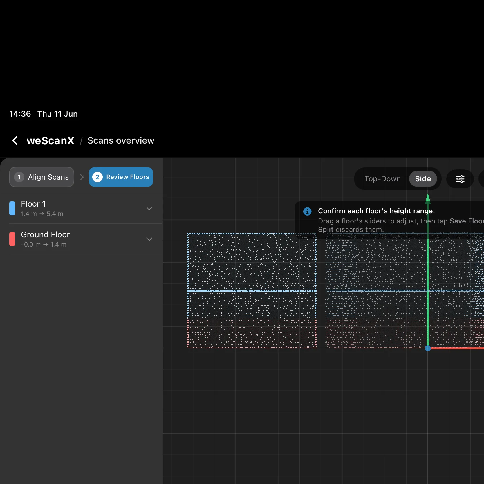 Review Floors on iPad: detected Ground Floor and Floor 1 with their ranges in the sidebar
