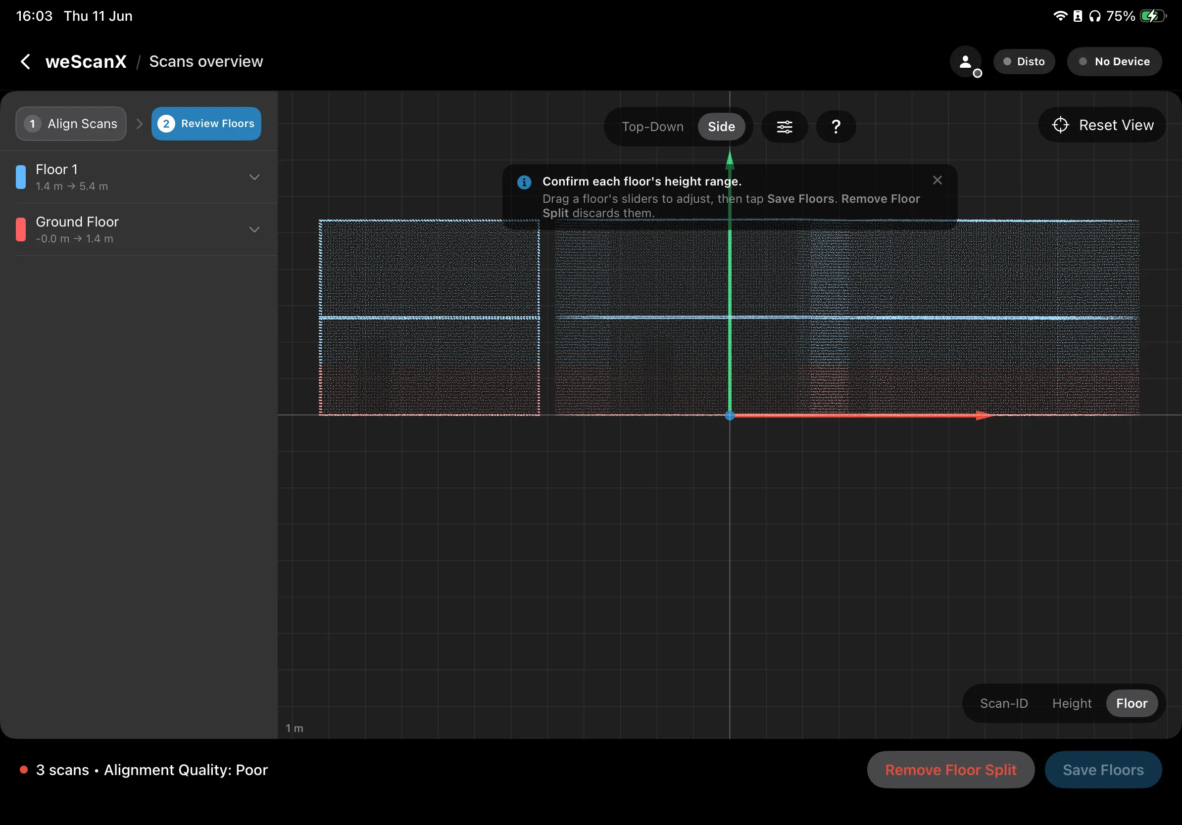 Review Floors on iPad: detected Ground Floor and Floor 1 with their ranges in the sidebar